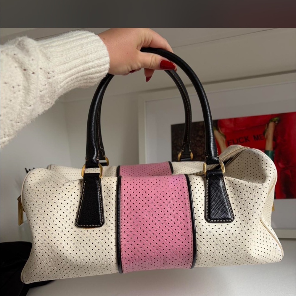 Prada Two-Tone Perforated Satchel - Pink, Cream & Black - Picture 6 of 8